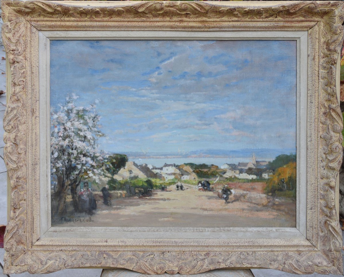 Marie Reol "le Vieux Cerisier à Poullan Sur Mer"" Huile Sur Toile 46x55